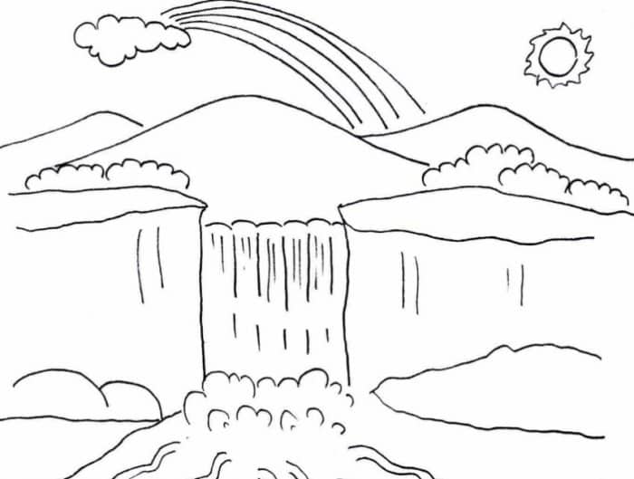 Gambar Sketsa Air Terjun dan Pegunungan