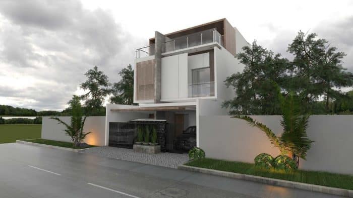 Rumah modern dengan pepohonan tropis
