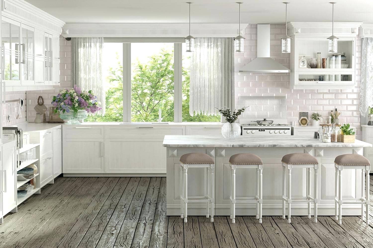 Dapur Putih dengan Pemandangan  Alam yang Hijau  Thegorbalsla