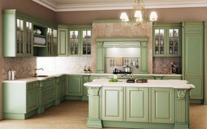 Desain dapur klasik warna hijau pastel