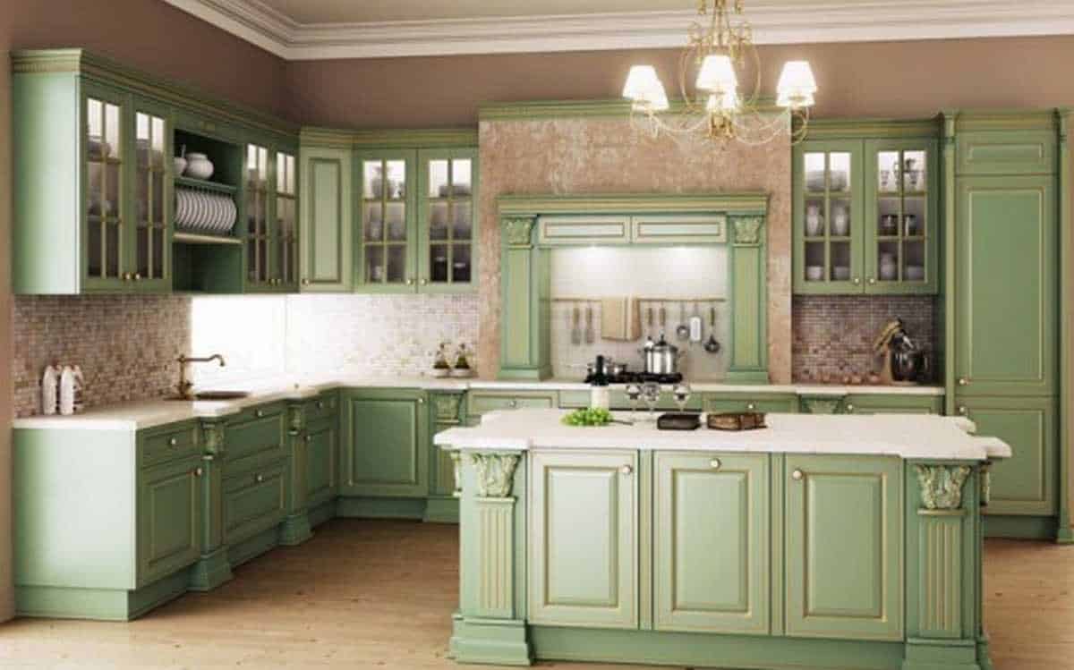 Desain dapur klasik warna hijau pastel  Thegorbalsla