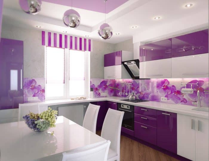 Desain dapur ungu-putih elegan