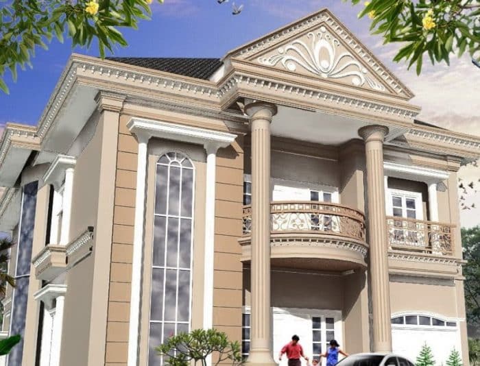 Desain Rumah Tampak Depan Gaya Klasik dengan Dinding Bercorak