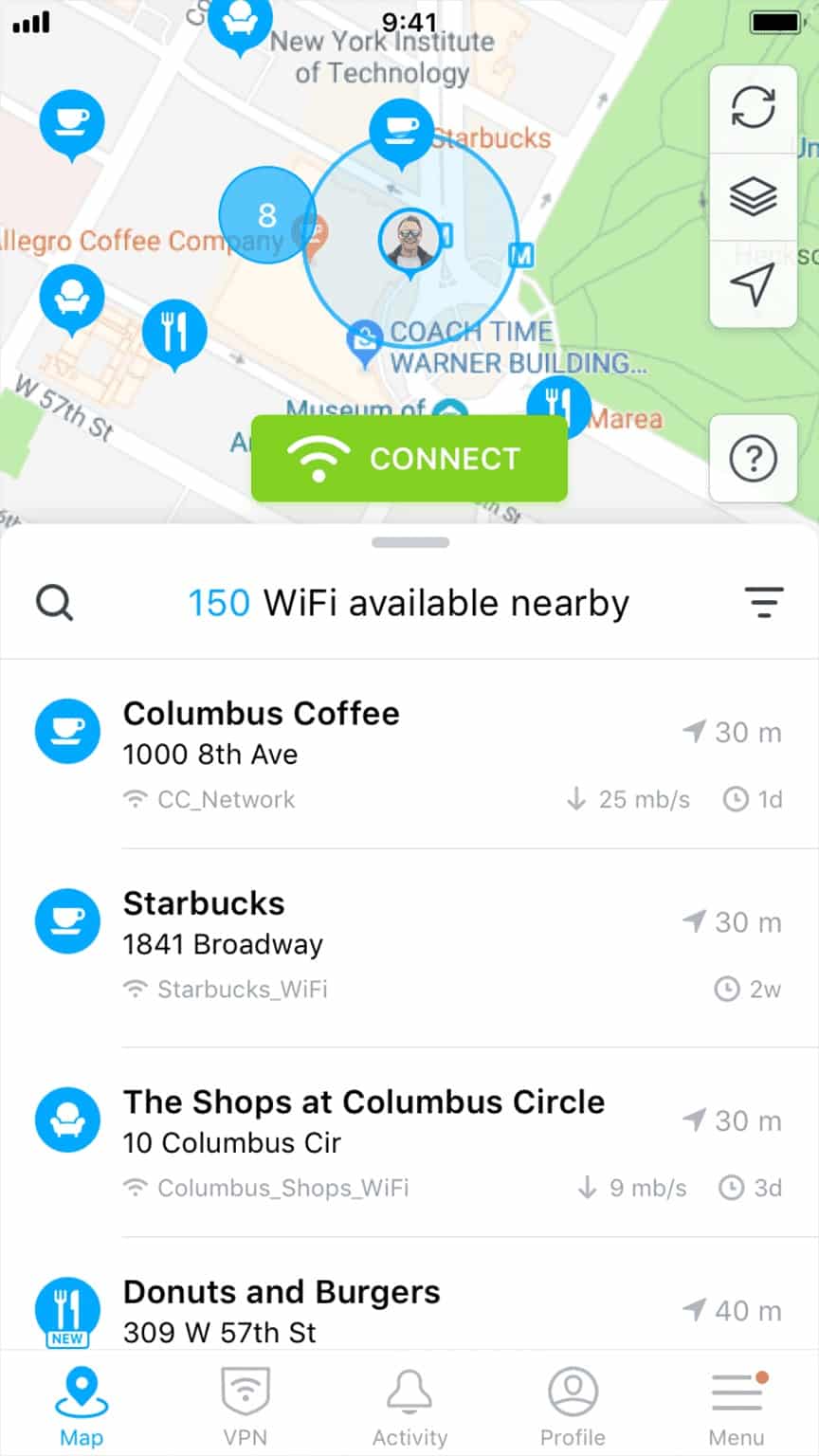 Aplikasi nantinya akan pindah ke tampilan Google Maps untuk menunjukkan lokasi yang memiki jaringan WiFi di sekitar Anda saat itu